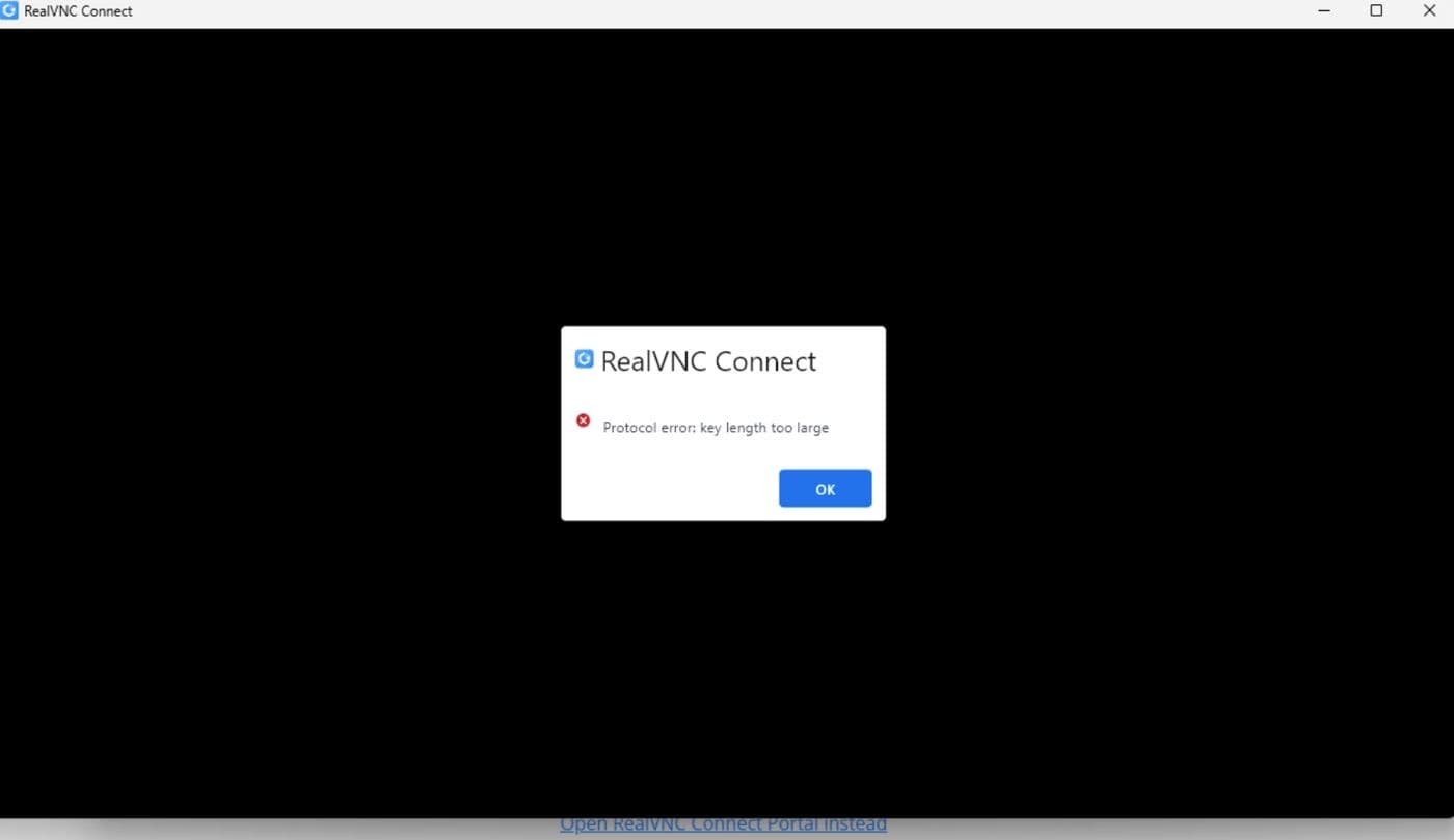 RealVNC Connect cu eroarea Protocol error: key length too large