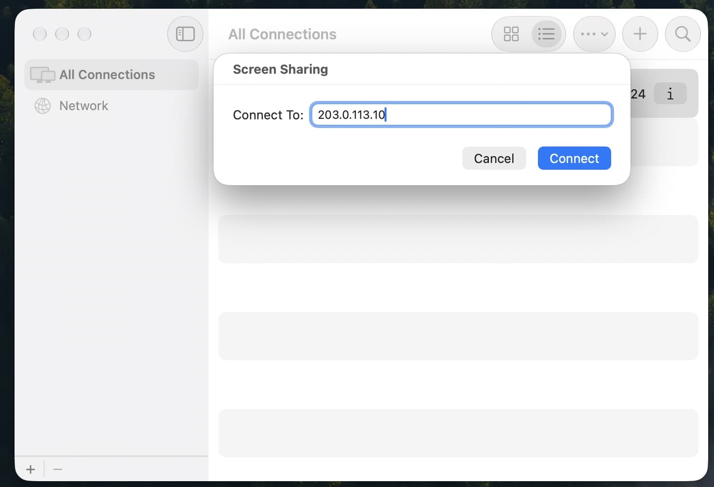 Screen Sharing pe Mac, fereastra Connect To cu o adresă scrisă