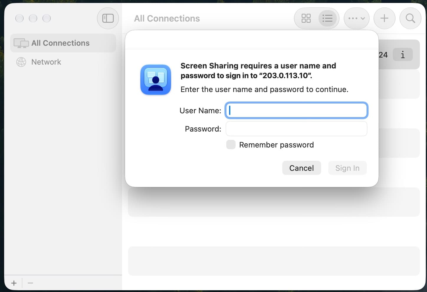 Screen Sharing cere utilizatorul și parola pentru autentificarea pe Mac