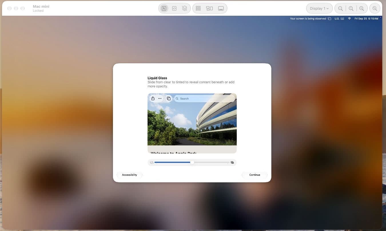 Fereastra Screen Sharing cu ecranul de bun venit din macOS, pe Mac mini-ul închiriat