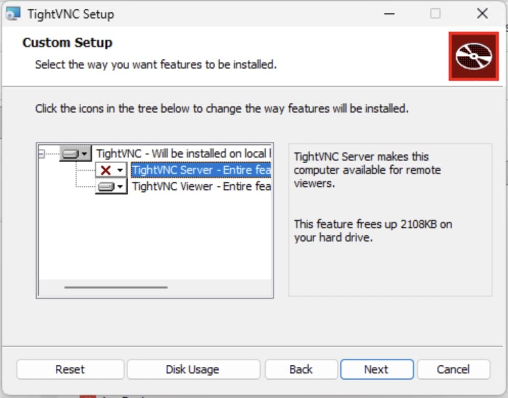 Instalatorul TightVNC, ecranul Custom Setup, cu TightVNC Server scos și TightVNC Viewer de instalat