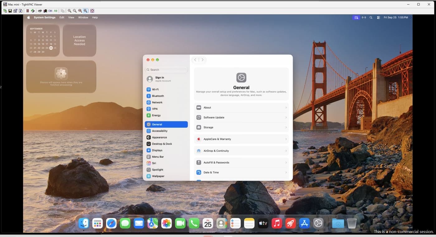 TightVNC Viewer pe Windows, cu desktopul Mac mini-ului închiriat și System Settings deschis