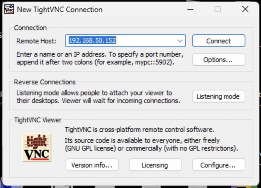 TightVNC Viewer, fereastra New TightVNC Connection cu adresa Mac-ului la Remote Host